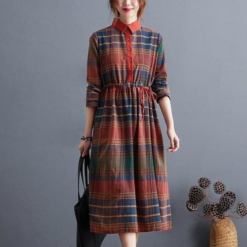 2021 New Arrival Long Sleeve Korea Style Plaid Women Blouse Shirts Autumn Spring Dress Draw String Slim Office Lady Work Dress