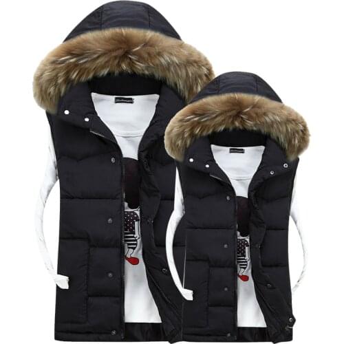 Autumn Winter Hooded Fur collar Vest Men Casual Slim Warm Women Sleeveless Jacket Coat Youths Mens Man Vest