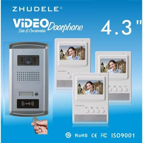 ZHUDELE Top Quality Intercom System Doorbell 4.3 Inch Video Door Phone 700TLV HD Camera w/t ID Card Unlocking Function 1V3
