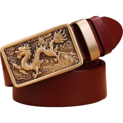 2020 Chinese stylish dragon belt for men mens belts luxury solid brass buckle full grain cowhide genuine leather strap camel red
