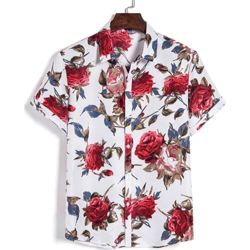 2020 Mens Slim fit Flower Printed Shirts Male Short Sleeve Floral Shirt Men Basic Tops Casual Plus Size Shirts