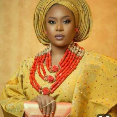 4ujewelry African Wedding Coral Beads Necklace 6 Layers Nigerian Coral Beads Luxury Costume Jewellery Set Free Shipping 2019 New