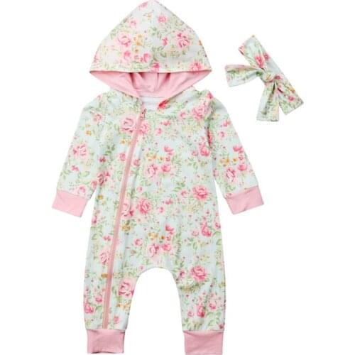 Newborn Baby Girls Floral Romper Toddler Infant Kids Autumn Zipper Hooded Long Sleeve Jumpsuit Romper Outfit Clothes Pajamas