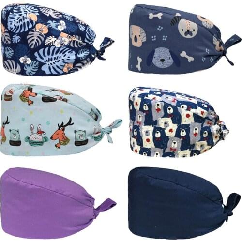Laodi Home Pure Cotton Surgical Printing Operation Hat Female Doctor Nurse Hat Thin Breathable Button Gourd Hat