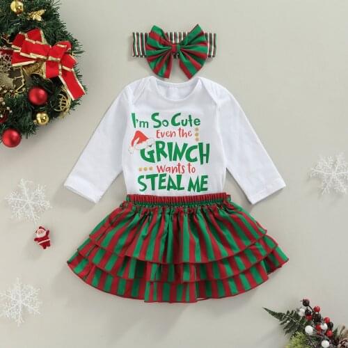 FOCUSNORM 3pcs Christmas Baby Girls Clothes Sets 0-3Y Santa Letter Printed Long Sleeve Romper+Striped Ruffles Skirts Headband