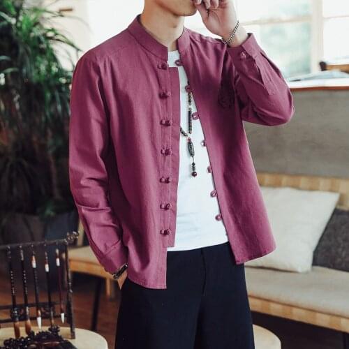 Chinese Style Embroidery Kung Fu Tai Chi Shirts Retro Men Stand Collar Long Sleeve Tang Suit Cotton Linen Plus Size Casual Tops