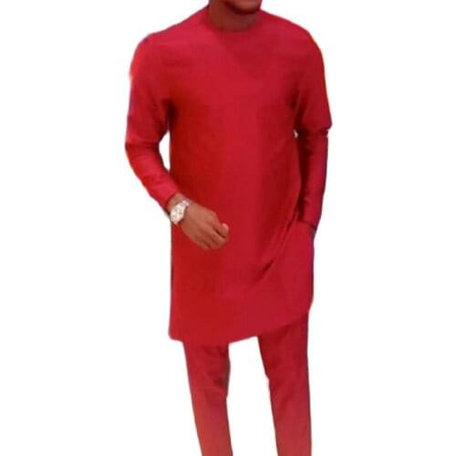 Man set clothing African Fashion Solid Red Tops+Trousers Senator Suits Mens Outfits African Shirts Patch Pants Party Garments