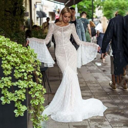 SoDigne 2021 Lace Wedding Dresses Long Sleeves Appliques Beads Sequins Bridal Gowns Sexy Backless Mermaid Wedding Dress