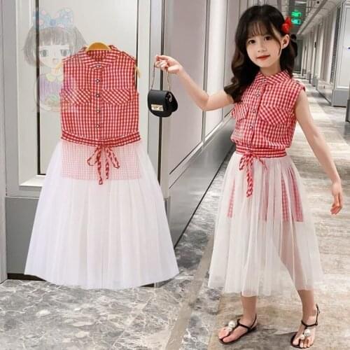 Summer Clothing Set for Girls Plaid Top + Solid Skirts 2PCS Girls Outfit Teenage Party Set 4-13 Ages Back To School Kids Clothes