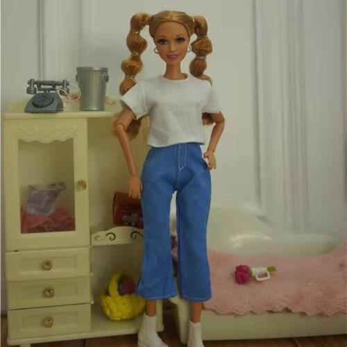Fashion White Shirt Top Blue Cropped Pants Trousers Outfit Set for Barbie Doll Clothes FR Kurhn Clothing 11.5" Dolls Accessories