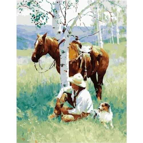 Man and dog horse on the grass DIY oil painting by numbers figure art canvas painting for home decor
