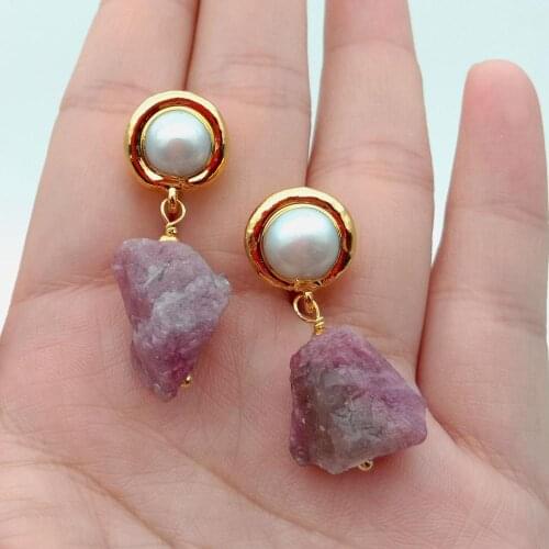 YYGEM Genuine Red Tourmaline Rough Nugget White freshwater Pearl pave gold filled Stud Earrings Handmade for women