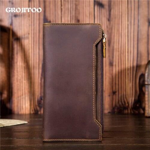GROJITOO New style crazy horse leather long purse mens wallet simple fashion leather hand bag Large Capacity Men Clutch Bag