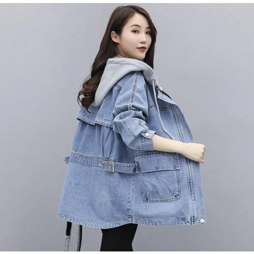 2021 Spring And Autumn New Hooded Denim Jacket Female Mid-Length Student Korean Loose BF Windbreaker Coats Clothes L109
