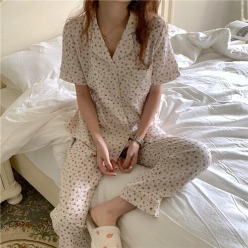 Summer homewear sleepwear women short sleeve pajamas set turn doan collar top pants 2 piece set home clothes floral print Y411