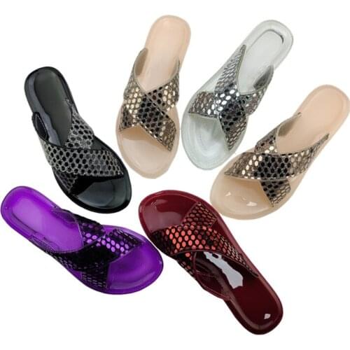 2021 Summer Women Cross Slippers Jelly Transparent Female Sequins Flat Sandals Ladies Outdoor Casual Slides Anti-slip Shoes