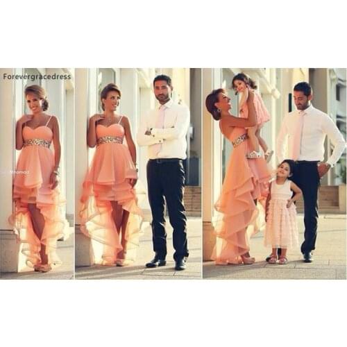 High Low Prom Dress Peach Color Spaghetti Strap Organza Beaded Party Gown