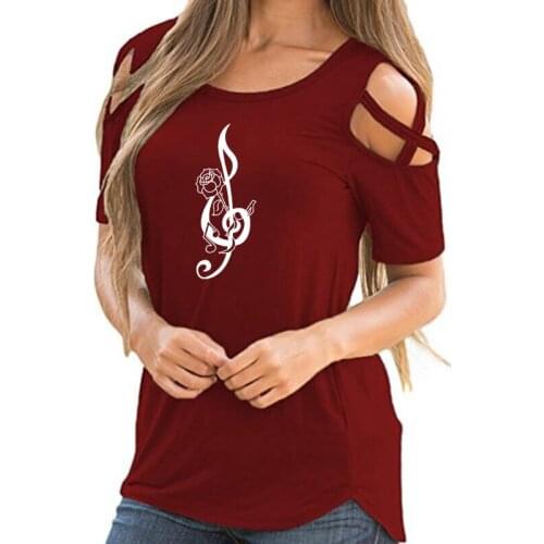 Big Music Note Rose Flower Print Shirt Female Harajuku Off Shoulder Vintage T-Shirt Women Hollow Femme Tops Artist Lover Gift