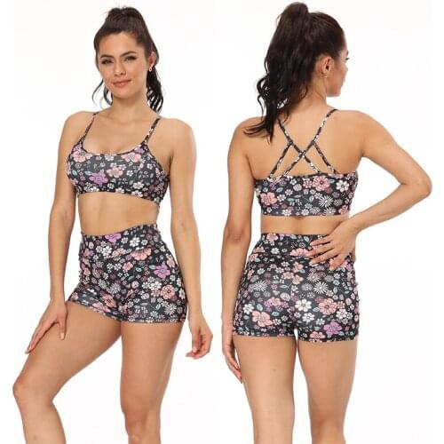 Women Floral Print Yoga Set Fitness Sports Suits Gym Clothing Push Up 2 Pieces Bra+Gym Short Pants Female Running Workout Pants