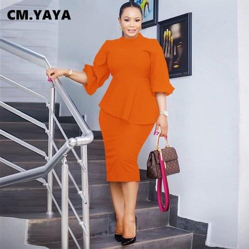 CM.YAYA Women Set Solid Three Quarter Lantern Sleeve Tops Stretchy Pencil Skirts Two 2 Piece Sets Office Lady Outfit Summer 2021