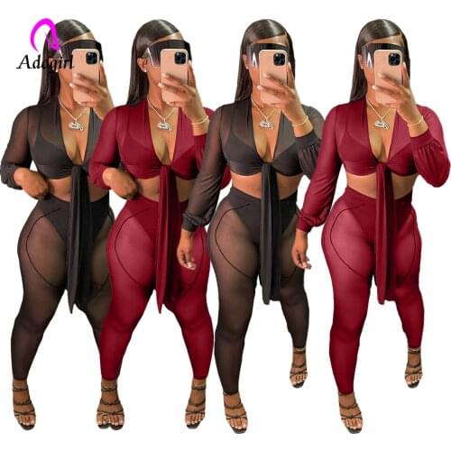 See Through Women 2 Piece Set Bow Tie Solid Long Sleeve Crop Top + Skinny Pants 2021 Autumn Sexy Mesh Night Club Party Outfits