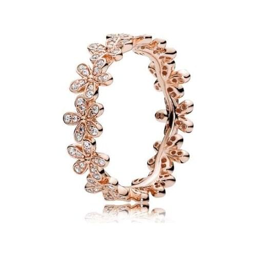 925 Sterling Silver Pan Ring Rose Gold Dazzling Daisy Flower With Crystal For Women Wedding Party Fashion Jewelry