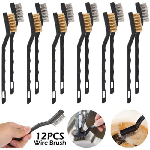 12pcs Wire Brass Brush Mini Brushes Micro Steel Brass Rust Remover Paint Remove Metal Scrubbing Polishing Burring Brush
