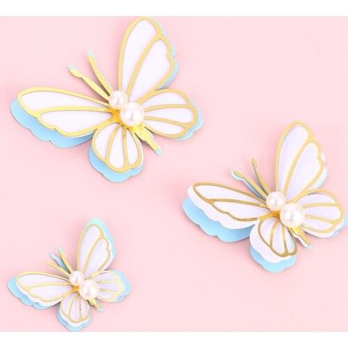 3pcs/Set Bling Butterfly Pearl Paper Cake Topper Happy Birthday Baby Shower Wedding Party Decor DIY Gift Baking Supplies
