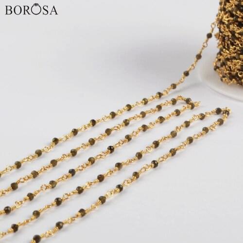BOROSA 3Meters 2mm Golden Obsidian Beads Faceted Brass Chains Natural Stone Bead Chains Jewelry JT240