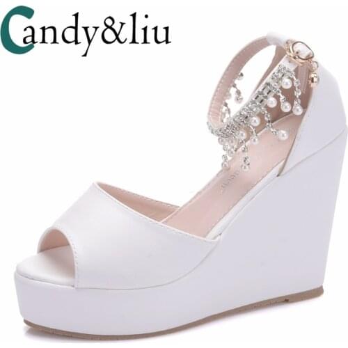 White Women Wedge Sandals Large Size Peep Toe Super High Heel Lady Pumps with Platform Ankle Strap Party Banquet Casual Dress
