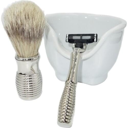 WLONG Shaving Bowl for Men Beard Brush with Natural Boar Bristle Hair Ceramic Soap Lather Mug Mach 3 Safety Razor