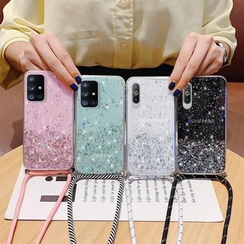 With Neck Strap Rope Cord Clear Glitter Case For Samsung A52 5G A72 A32 S20 FE A51 A50 A71 A70 S20 Ultra S10 S9 Samsung S21 Case