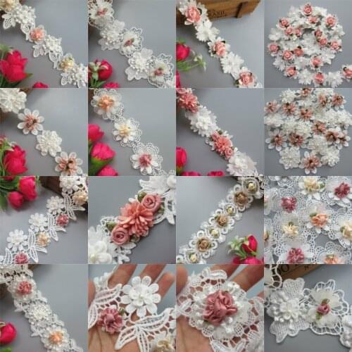 Soluble Polyester 3D Colorful Flowers Pearl Embroidered Lace Trim Ribbon Fabric Handmade Sewing Craft For Costume Hat Decoration