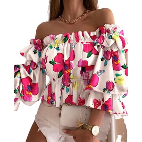 Elegant Sexy Off Shoulder Floral Shirt Autumn Women Fashion Ruffles Pullover Tops 2021 Retro Court Style Ladies Princess Blouse