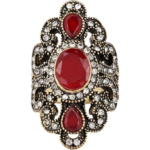 FATPIG 2017 Romantic 1Piece Antique Gold Rings for Women Female Jewelry Black Red Resin Stone Strass Bohemian Ring