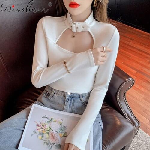 Spring Fall Korean Style T-Shirt Girl Fashion Turtleneck Slim Hollow Out Women Tops Halter Vintage Long Sleeve Tees 2021 T11704A