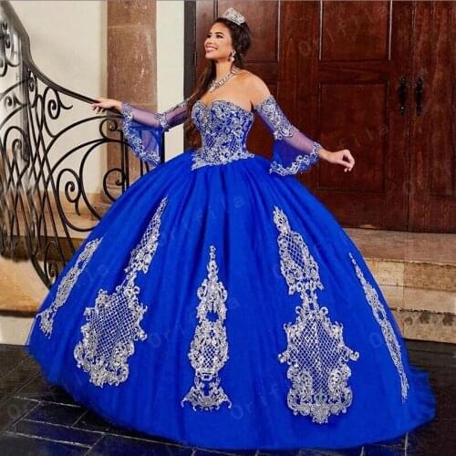 Royal Blue 2021 Beaded Lace Ball Gown Quinceanera Dress Sweetheart Sweet 16 Dress Sweep Train l Tulle Masquerade Party Gowns