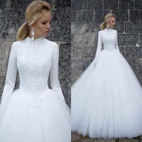Long Sleeves Muslim Wedding Dresses 2019 Elegant High Neck Long Sleeves Lace Satin Tulle Floor Length Ball Gown Bridal Dresses W