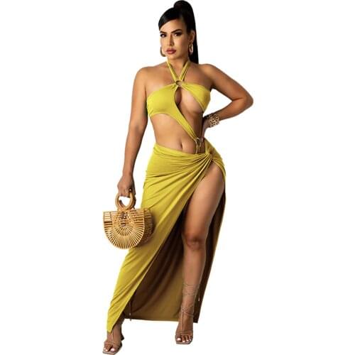 Solid Waist Band Cut Out Party Clubwear Dress for Women Off Shoulder Halter Backless Vestido Summer Side High Split Beach Dress