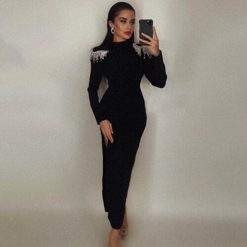 Autumn Style Women Sexy Turtleneck Full Seleeves Backless Tassel Diamonds Mid Bodycon Bandage Dress 2020 Designer Celebrity Part