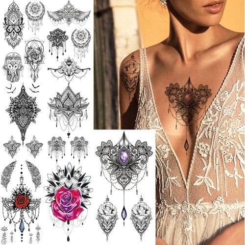 Fake Jewelry Temporary Tattoo For Women Owl Feather Pendants Tatoos Rose Henna Flower Feather Waterproof Tatoo Chains Chest Back