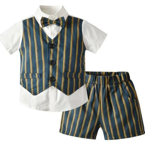 Fashion Children Boy Clothes Casual Short Sleeve Striped Shirt Bowtie Tops + Shorts Sets Boy Formal Suit Summer Baby Boy Clothes