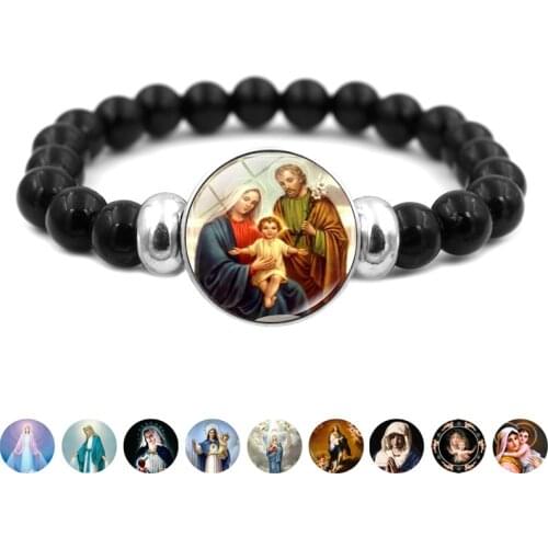 Christian Jesus Black Beads Strand Bracelet Elastic Jewelry Virgin Mary Glass Snap Button Bracelets for Men Women Catholic Gifts