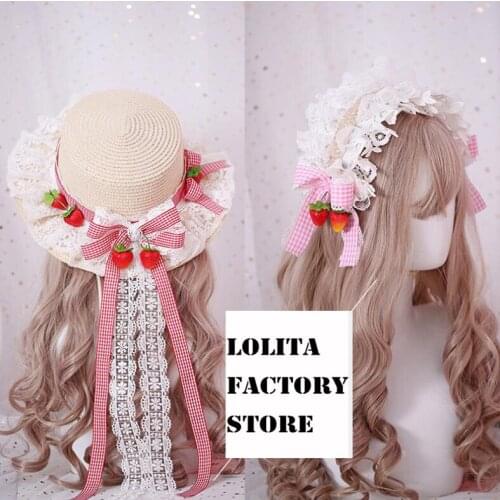 Sweet Plaid pastoral strawberry lace Lolita hair hoop Japanese soft sister KC head hoop with straw hat