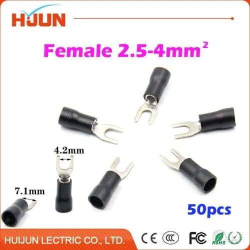 50pcs/lot V3.5-4 Insulated Fork Wire Splice Connector Copper Electrical Cable Crimp Spade Terminal Cold Pressing for 2.5-4mm2