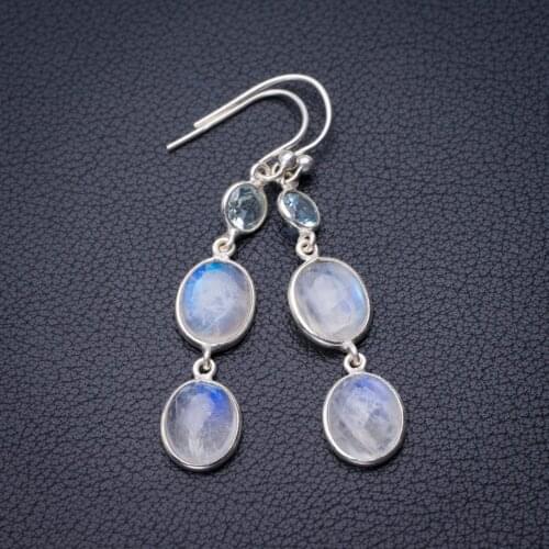 StarGems Natural Rainbow Moonstone And Blue Topaz Handmade 925 Sterling Silver Earrings 2" E0821