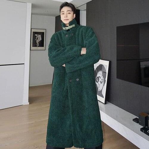 Autumn Winter Trenchcoat Men Faux Lambswool Thick Long Trench Coat Outerwear Male Streetwear Vintage Casual Windbreaker Jacket