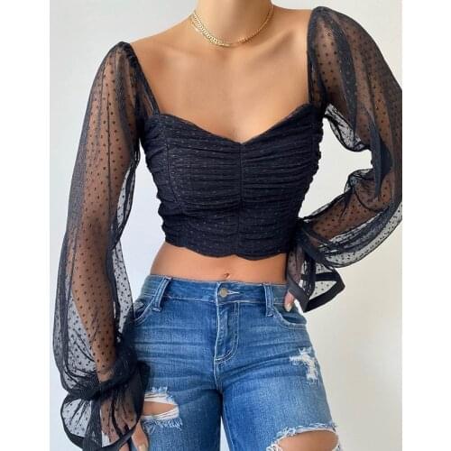 2021 Sexy Fashion Polka Dot Wrapped Chest Navel Crop Top Sweetheart Neckline Sleeve Ruched Blouse White Vintage Snow Chiffon
