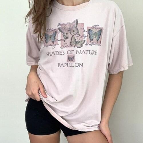 Vintage Pink Papillon Shades of Nature T Shirts Women Cute Butterfly Print Oversized Tshirts 2021Summer O-neck Casual Teens Tops