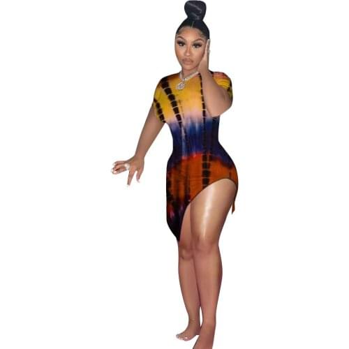 Tie Dye Women Dresses Summer 2021 Hot Recommend Style Sweet Black Girl Streetwear Side Slit Party And Club Sexy Dress Sundress